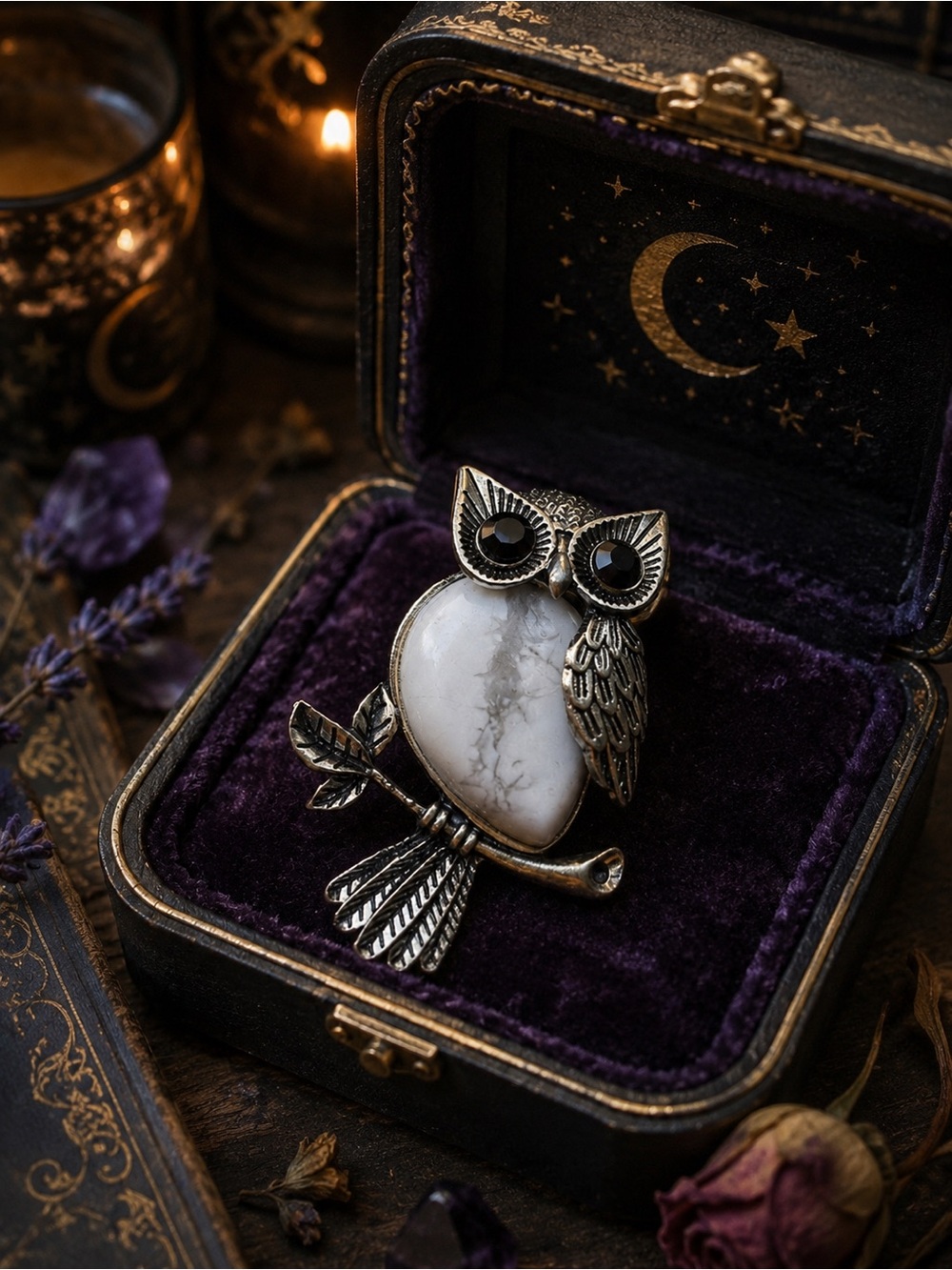 Howlite Stone Silver Tone and Owl 🦉 Pendant Necklace NEW in Box